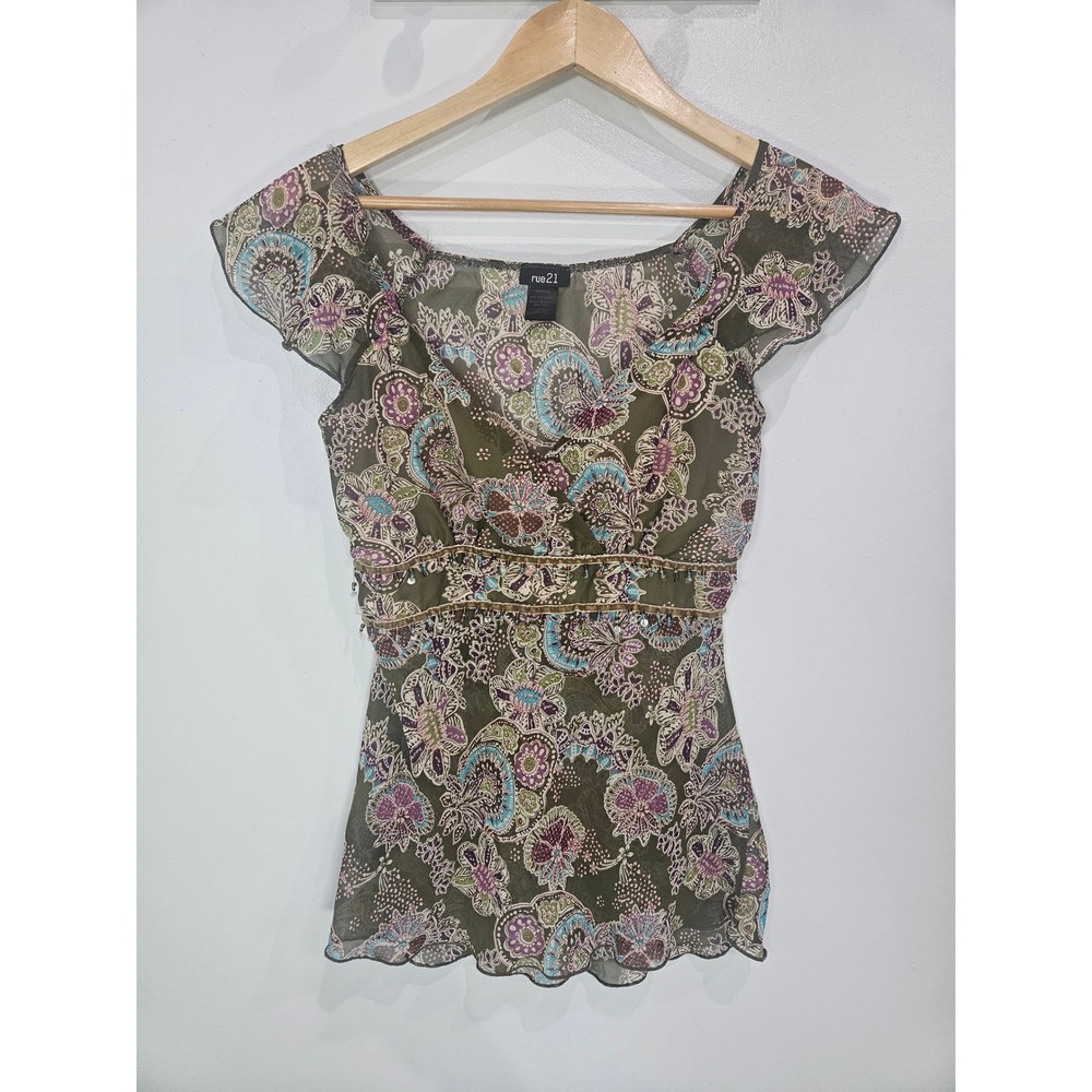 Rue21 Womens Babydoll Top Olive Green Floral Paisley Beaded Y2K Medium